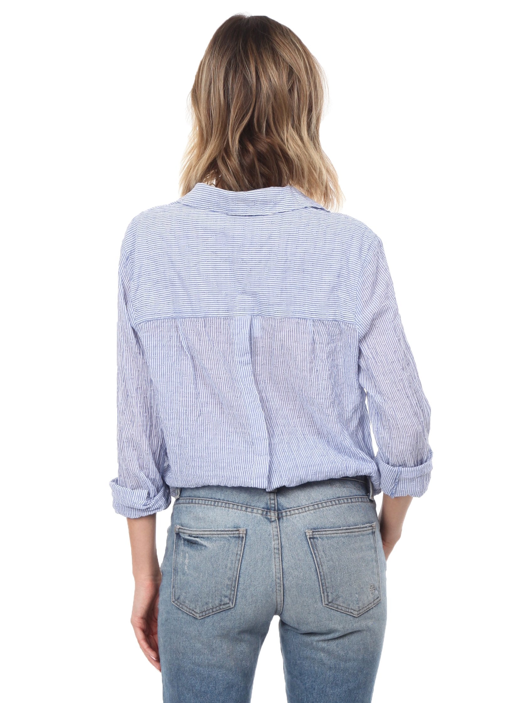 Girl outfit in a top rental from Free People called No Limits Stripe Stretch Cotton Shirt