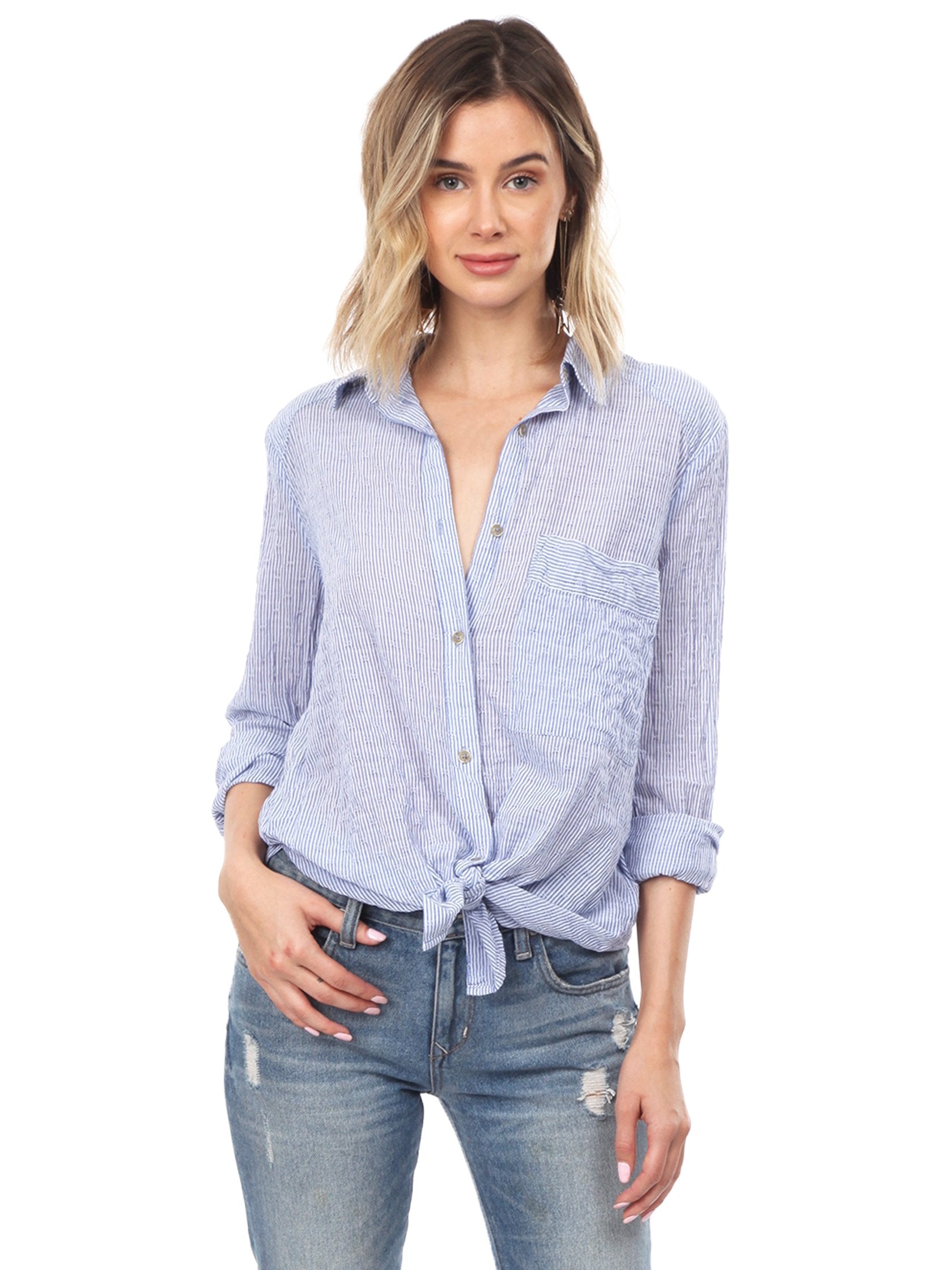 Women wearing a top rental from Free People called No Limits Stripe Stretch Cotton Shirt