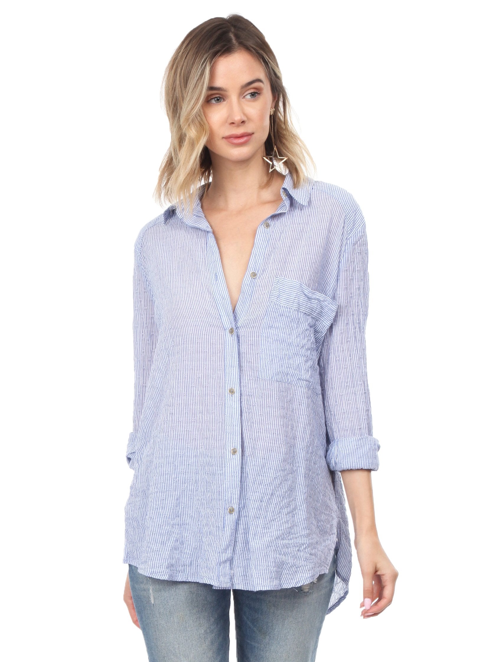 Women outfit in a top rental from Free People called No Limits Stripe Stretch Cotton Shirt