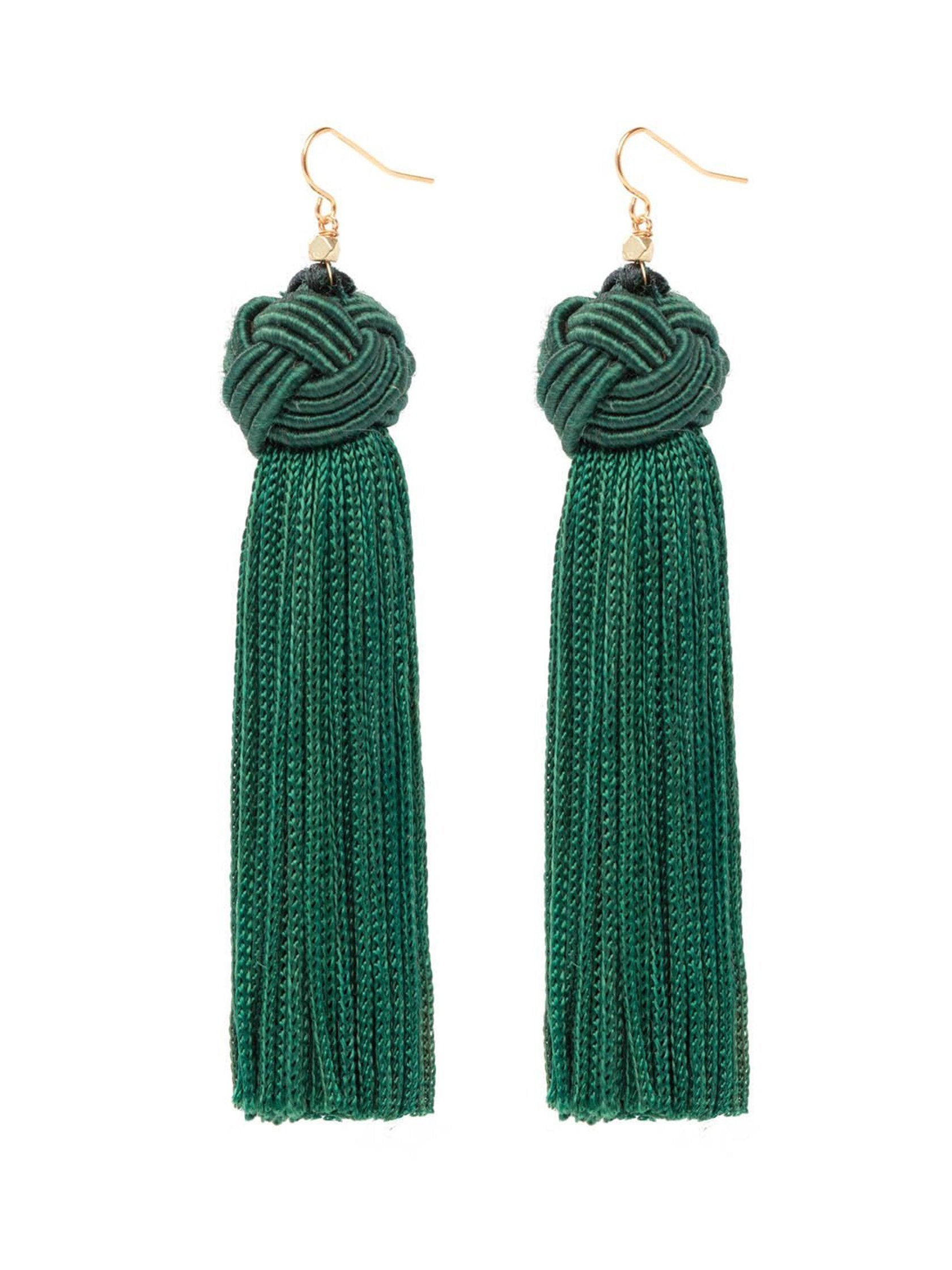 Women outfit in a earrings rental from Vanessa Mooney called Astrid Knotted Tassel Earring