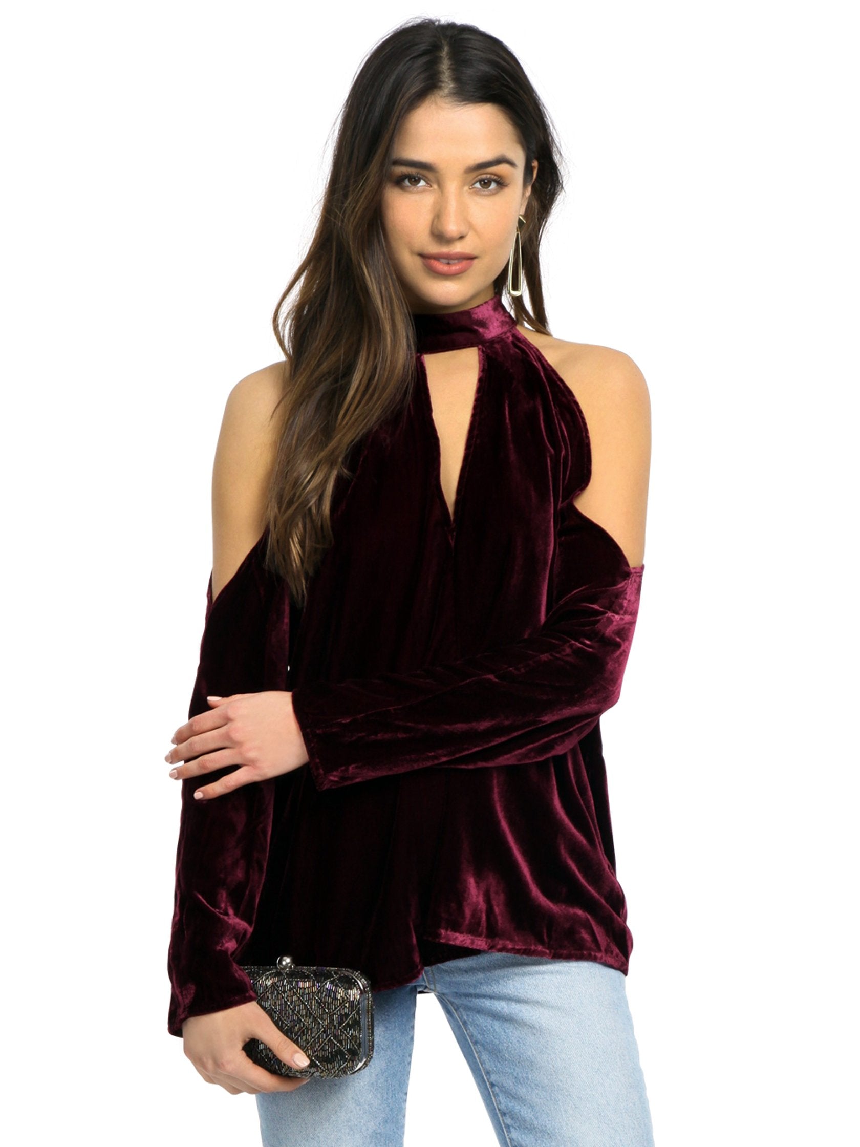 Woman wearing a top rental from YUMI KIM called Hot And Cold Velvet Top